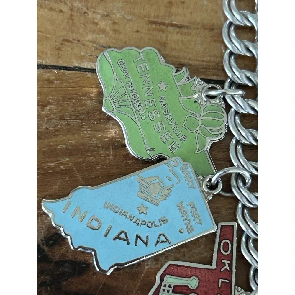 Vintage Sterling And Enamel USA States Charms Double Curb Bracelet Small
